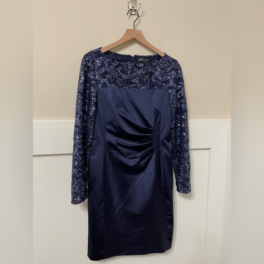 Lauren Ralph Lauren Evening Blue Sequin Formal Shift Dress Size 10 - Picture 4 of 10